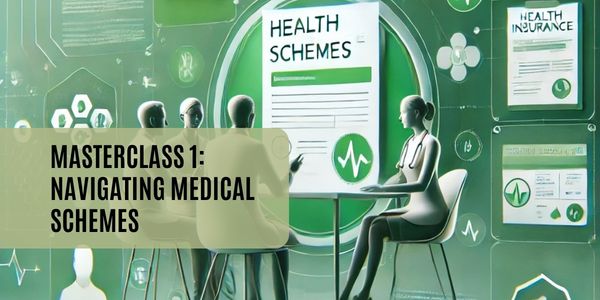 Illustrated healthcare consultation scene with medical scheme documents and health insurance information, promoting a masterclass on navigating medical schemes.